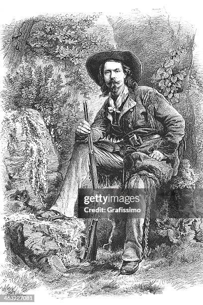 engraving of buffalo bill cody from 1877 - buffalo bill stock illustrations