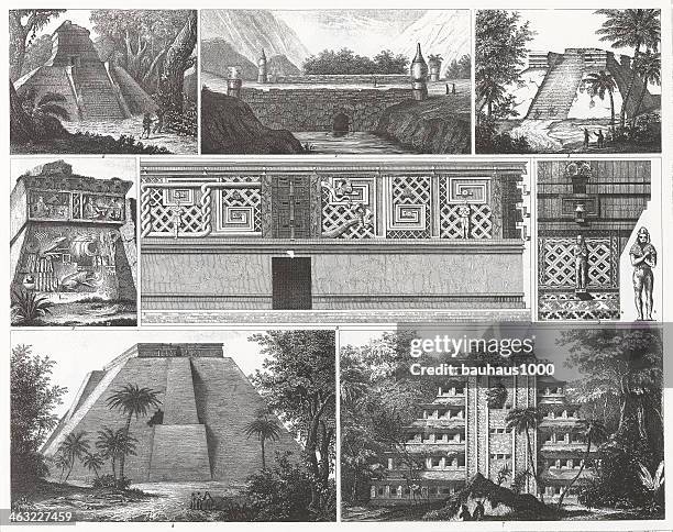 engraving: mayan architecture - mayan temple stock illustrations
