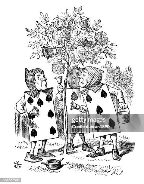 alice in wonderland - painting the queens roses - alice stock illustrations