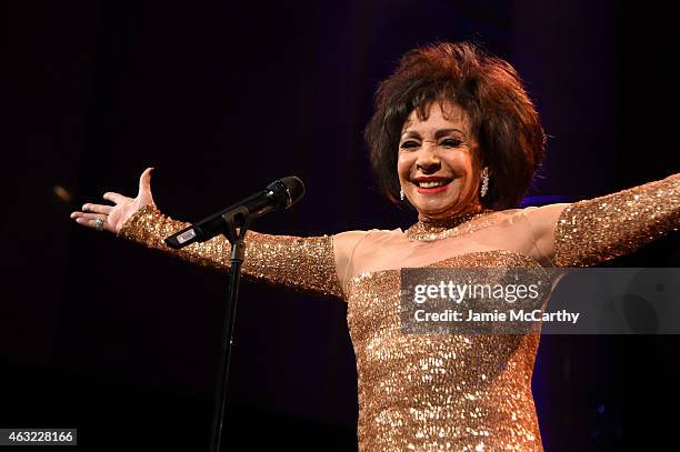 Musician Shirley Bassey performs onstage at the 2015 amfAR New York Gala at Cipriani Wall Street on February 11, 2015 in New York City.