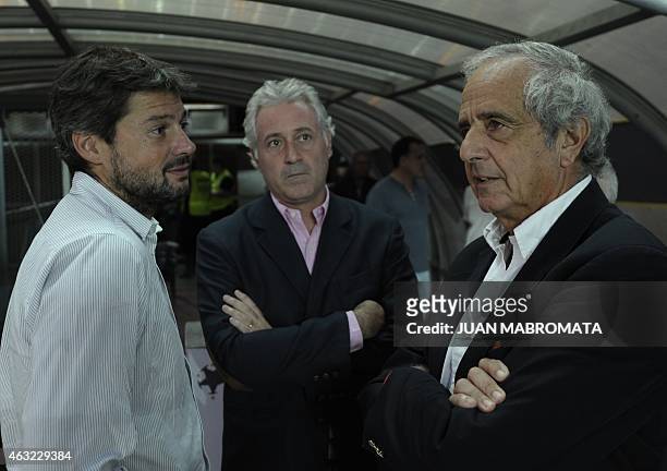 San Lorenzo's President Matias Lemens stands with River Plate's President Rodolfo D'Onofrio and vice president Matias Patanian before River Plate's...