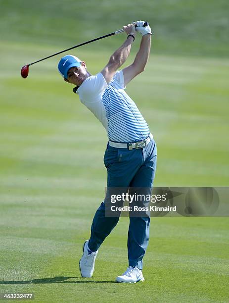 Rory McIlroy of Northern Ireland in action during the second round of the Abu Dhabi HSBC Golf Championship at the Abu Dhabi Golf Club on January 17,...