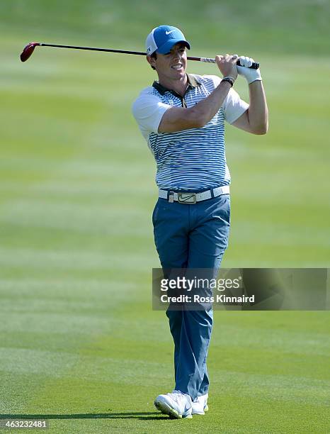 Rory McIlroy of Northern Ireland in action during the second round of the Abu Dhabi HSBC Golf Championship at the Abu Dhabi Golf Club on January 17,...