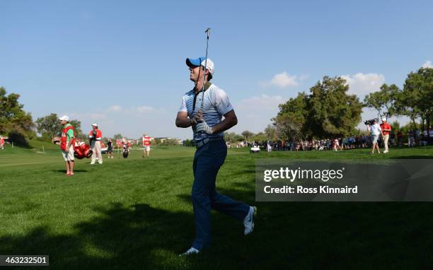 Rory McIlroy of Northern Ireland in action during the second round of the Abu Dhabi HSBC Golf Championship at the Abu Dhabi Golf Club on January 17,...