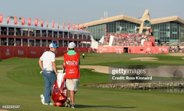 Rory McIlroy of Northern Ireland on the par five 18th hole during the second round of the Abu Dhabi HSBC Golf Championship at the Abu Dhabi Golf Club...