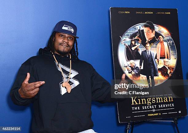 Athlete Marshawn Lynch attends the special San Francisco screening of "Kingsman: The Secret Service" at AMC Metreon 16 on February 11, 2015 in San...