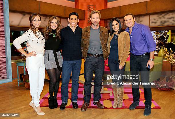 Satcha Pretto, Andrea Chediak, Johnny Lozada, Aaron Eckhart, Karla Martinez and Alan Tacher are seen on the set of Univision's "Despierta America" at...