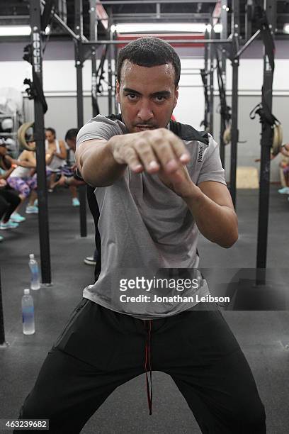 French Montana attends the Reebok Seeding Lounge Workout with French Montana, Lita Lewis And DJ Drama at Reebok Lounge on February 11, 2015 in West...