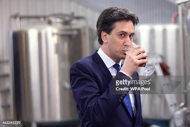 Labour leader Ed Miliband visits the Five Points Brewing Company in Hackney, east London after making a speech about banking and the economy in the...