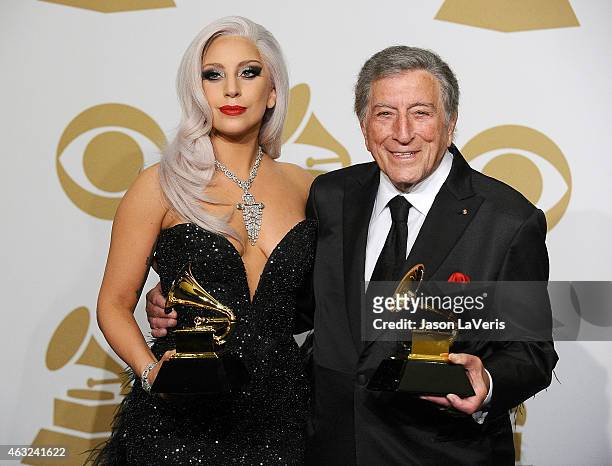 Lady Gaga and Tony Bennett pose in the press room at the 57th GRAMMY Awards at Staples Center on February 8, 2015 in Los Angeles, California.