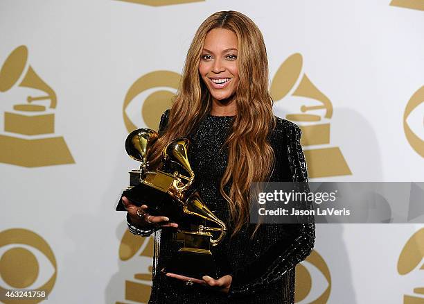 Beyonce poses in the press room at the 57th GRAMMY Awards at Staples Center on February 8, 2015 in Los Angeles, California.