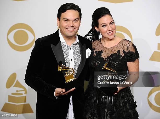 Songwriters Kristen Anderson-Lopez and Robert Lopez pose in the press room at the 57th GRAMMY Awards at Staples Center on February 8, 2015 in Los...