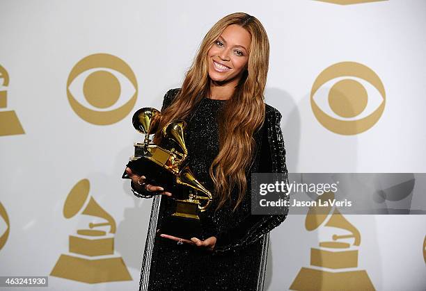 Beyonce poses in the press room at the 57th GRAMMY Awards at Staples Center on February 8, 2015 in Los Angeles, California.