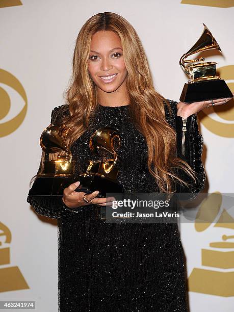 Beyonce poses in the press room at the 57th GRAMMY Awards at Staples Center on February 8, 2015 in Los Angeles, California.