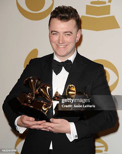 Singer Sam Smith poses in the press room at the 57th GRAMMY Awards at Staples Center on February 8, 2015 in Los Angeles, California.