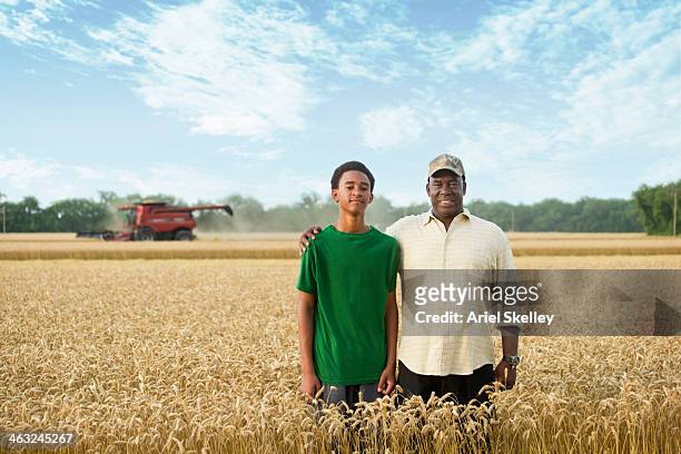 two generations of black farmers in wheat field - african american father and son stock pictures, royalty-free photos & images