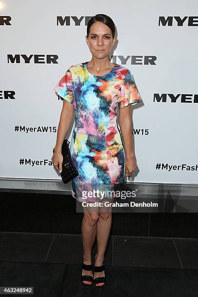 Michala Banas poses as she arrives for the Myer A/W 2015 Season Launch at Myer Mural Hall on February 12, 2015 in Melbourne, Australia.
