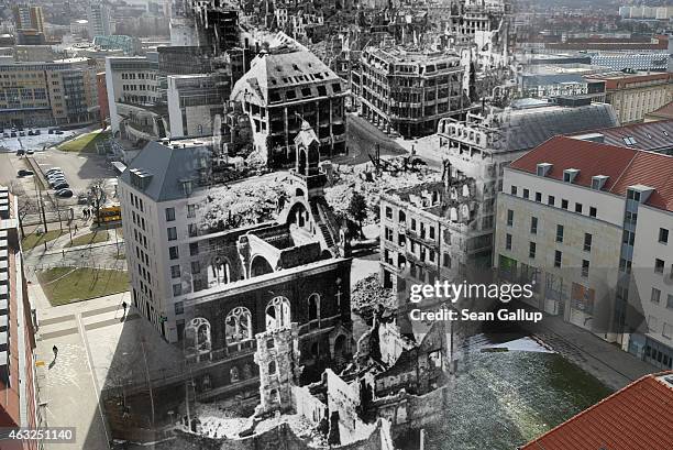 This digital composite image shows the ruins of the city center, including Prager Strasse, following the Allied firebombing in 1945 as well as the...