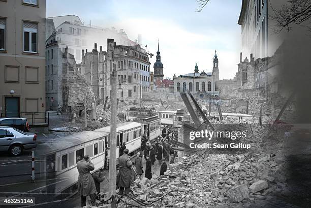 This digital composite image shows Moritzstrasse and the Juedenhof palace in 1946 still wrecked from the Allied firebombing of February 13, 1945 as...