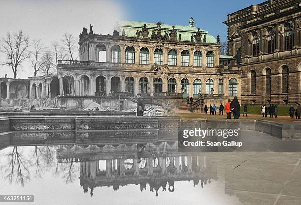 This digital composite image shows a portion of the Zwinger art museum in 1946 still in ruins from the Allied firebombing of February 13, 1945 and on...