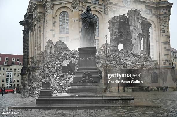 This digital composite image shows the ruins of the Frauenkirche church and the empty pedestal for a statue of Martin Luther in 1946 still wrecked...