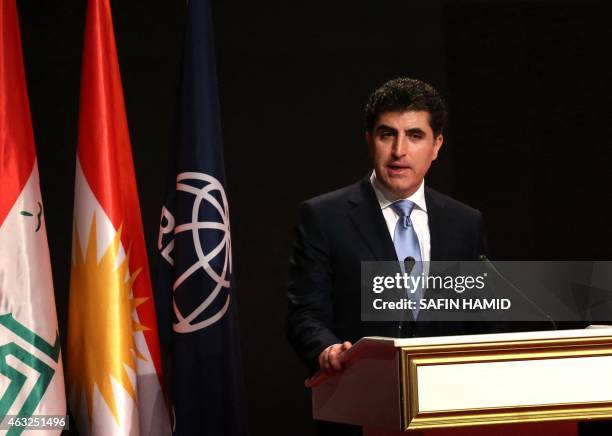 The Prime Minister of Iraq's autonomous Kurdish region, Nechirvan Barzani speaks during a forum titled "Economic and Social Impact Assessment of...