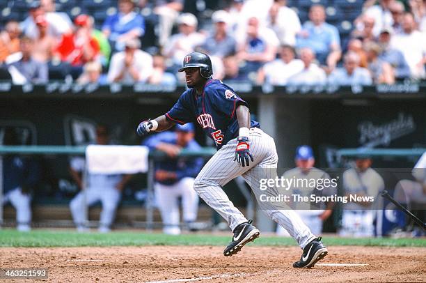 Cristian Guzman of the Minnesota Twins bats during the game against the Kansas City Royals on May 16, 2002 at Kauffman Stadium in Kansas City,...