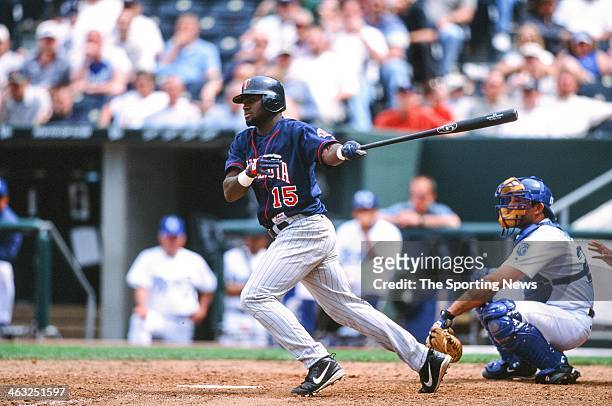 Cristian Guzman of the Minnesota Twins bats during the game against the Kansas City Royals on May 16, 2002 at Kauffman Stadium in Kansas City,...