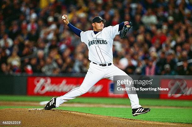 Freddy Garcia of the Seattle Mariners during Game Two of the American League Championship Series against the New York Yankees on October 18, 2001 at...