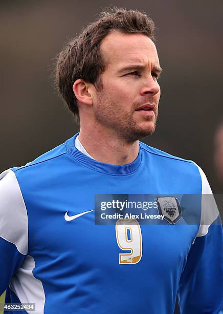 Kevin Davies of Preston North End looks on during a training session at Springfields Training Centre on February 12, 2015 in Preston, England.