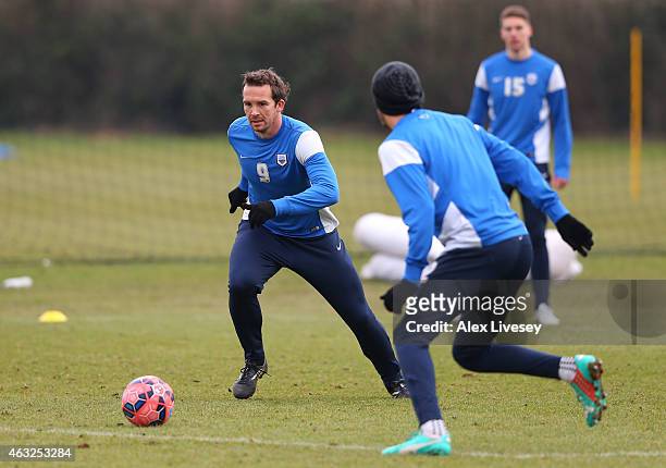 Kevin Davies of Preston North End chases the ball during a training session at Springfields Training Centre on February 12, 2015 in Preston, England.