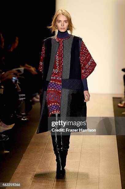 Model walks the runway at the BCBGMAXAZRIA fashion show during Mercedes-Benz Fashion Week Fall 2015 at The Theatre at Lincoln Center on February 12,...