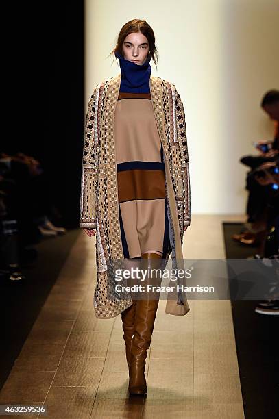 Model walks the runway at the BCBGMAXAZRIA fashion show during Mercedes-Benz Fashion Week Fall 2015 at The Theatre at Lincoln Center on February 12,...