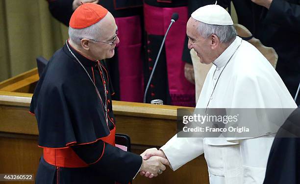 Pope Francis greets Brasilian Cardinal and Sao Paulo archbishop Odilo Pedro Scherer before the opening session of the Extraordinary Consistory at the...