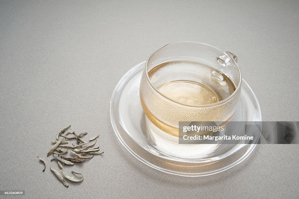 Hot cup of silver needle tea
