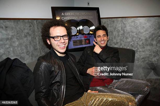 Ian Axel and Chad Vaccarino of A Great Big World celebrate the success of a recent project backstage at Highline Ballroom on January 16, 2014 in New...