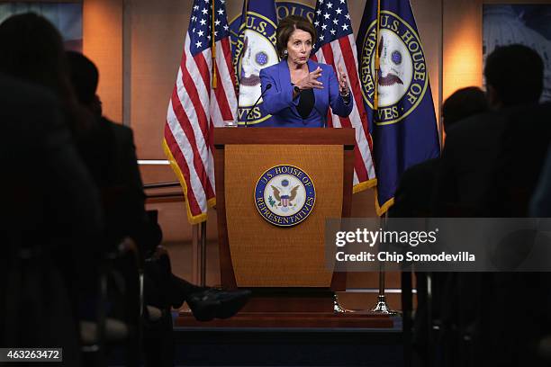 House Minority Leader Nancy Pelosi holds her weekly news conference in the Capitol Visitors Center at the U.S. Capitol February 12, 2015 in...