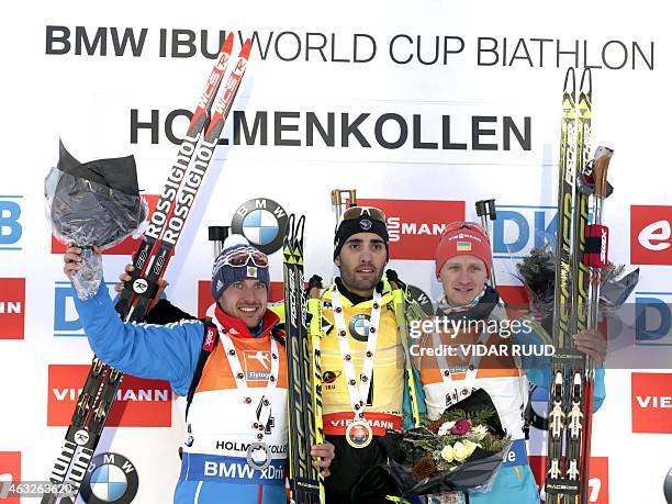 Winner is Martin Fourcade of France , second placed Jevgenij Garanitsjev of Russia and third Sergej Semenov of Ukraine pose on the podium after 20 km...