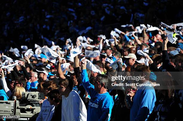 Fans of the Carolina Panthers cheer as the team takes the field before the NFC Divisional Playoff Game against the San Francisco 49ers at Bank of...