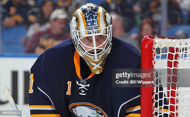 Jhonas Enroth of the Buffalo Sabres tends goal against the Dallas Stars on February 7, 2015 at the First Niagara Center in Buffalo, New York.