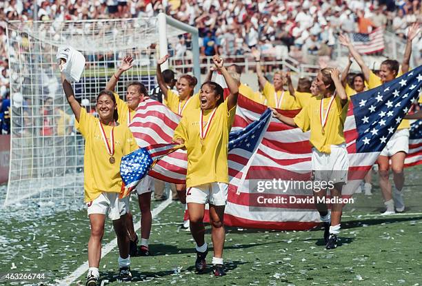 Members of the USA Women's National Team celebrate winning the 1999 FIFA Women's World Cup following the final game played against China on July 10,...