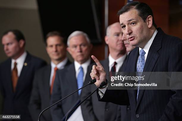 Sen. Ted Cruz speaks during news conference where a bicameral group of Congressional Republicans called for Senate Democrats to vote on funding for...