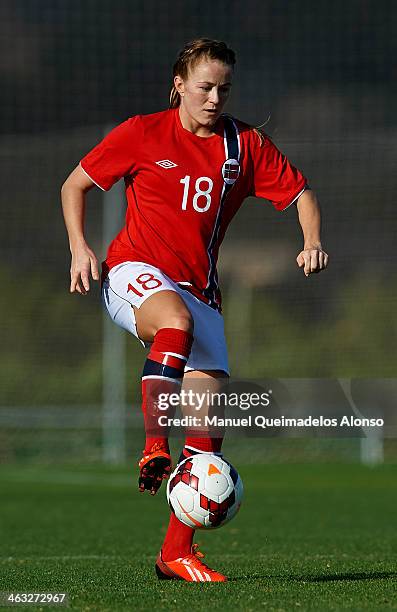 Lene Mykjaland of Norway controls the ball during the friendly match between England and Norway at la Manga Club on January 17, 2014 in La Manga,...