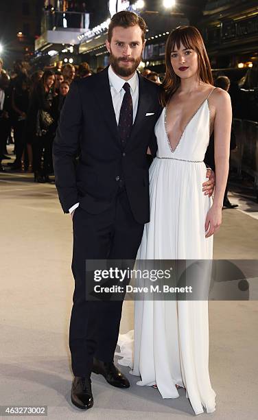 Jamie Dornan and Dakota Johnson attend the UK Premiere of "Fifty Shades Of Grey" at Odeon Leicester Square on February 12, 2015 in London, England.