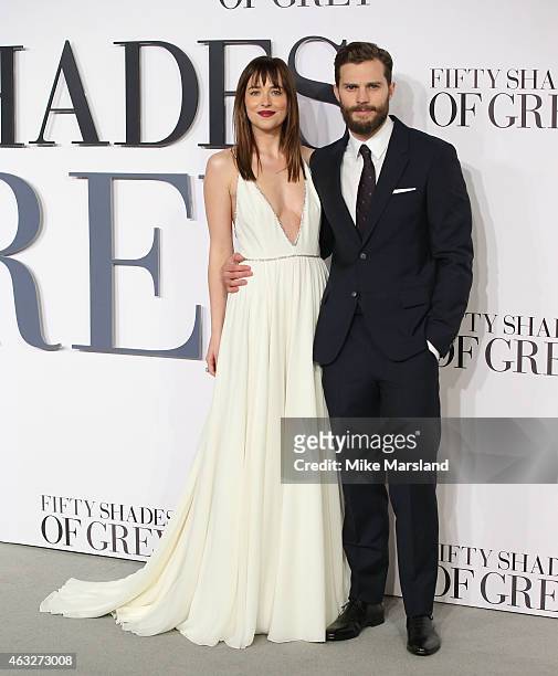Jamie Dornan and Dakota Johnson attends the UK Premiere of "Fifty Shades Of Grey" at Odeon Leicester Square on February 12, 2015 in London, England.