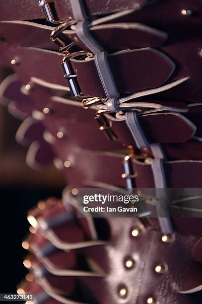 General view backstage ahead of the Marina Hoermanseder show during Mercedes-Benz Fashion Week Autumn/Winter 2014/15 at Brandenburg Gate on January...