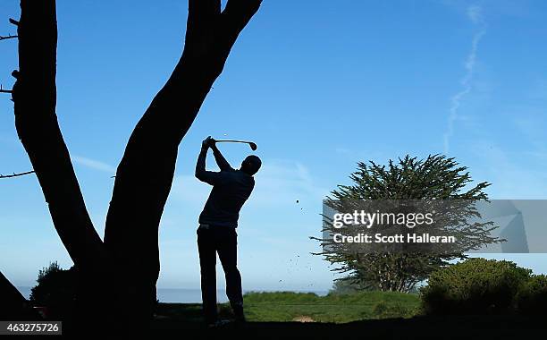 Jordan Spieth hits a tee shot on the fifth hole during the first round of the AT&T Pebble Beach National Pro-Am at Monterey Peninsula Country Club on...