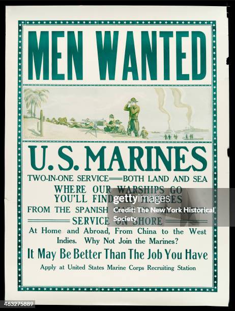 Marine Recruitment Poster, with illustration of Marines on foreign beach, ships in background, 1917. The copy partially reads 'Men Wanted, US...