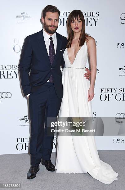 Jamie Dornan and Dakota Johnson attend the UK Premiere of "Fifty Shades Of Grey" at Odeon Leicester Square on February 12, 2015 in London, England.