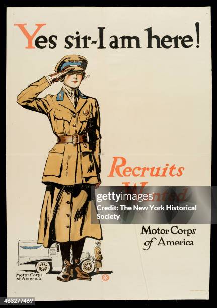 World War I recruitment poster showing a uniformed woman saluting, with a truck in the background, 1917. The copy reads 'Yes sir - I am here!...